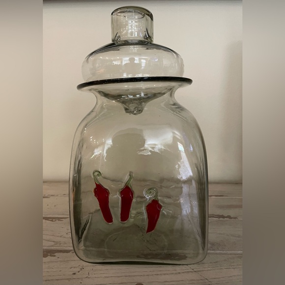 Vintage Hand Blown Glass Canister Jar Chili Peppers With Lid - Picture 1 of 7